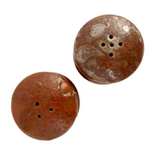 Load image into Gallery viewer, Top view of vintage Takahashi rust lava glaze salt and pepper shaker set, 1970s Japan, original stoppers intact