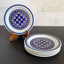 Load image into Gallery viewer, Vintage Bread Butter Plate in the Tangier pattern. Features a Moroccan-style geometric floral pattern in shades of purple, green, and deep blue on a light gray ground. Lambeth Stoneware. Overall excellent condition, free from chips/cracks with normal age-related wear. The exception is the Casserole with a chip to the rim and underside of one handle. Marked "Lambeth Stoneware, Royal Doulton, Tangier, L.S.1005, Made in England, Dishwasher Proof, Detergent Proof, Freezer & Oven Proof, © 1973.