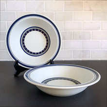 Load image into Gallery viewer, Vintage Coupe Cereal Soup Bowl in the Tangier pattern. Features a Moroccan-style geometric floral pattern in shades of purple, green, and deep blue on a light gray ground. Lambeth Stoneware. Overall excellent condition, free from chips/cracks with normal age-related wear. The exception is the Casserole with a chip to the rim and underside of one handle. Marked "Lambeth Stoneware, Royal Doulton, Tangier, L.S.1005, Made in England, Dishwasher Proof, Detergent Proof, Freezer & Oven Proof, © 1973.