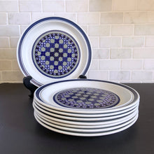Load image into Gallery viewer, Vintage Dinner Plate in the Tangier pattern. Features a Moroccan-style geometric floral pattern in shades of purple, green, and deep blue on a light gray ground. Lambeth Stoneware. Overall excellent condition, free from chips/cracks with normal age-related wear. The exception is the Casserole with a chip to the rim and underside of one handle. Marked "Lambeth Stoneware, Royal Doulton, Tangier, L.S.1005, Made in England, Dishwasher Proof, Detergent Proof, Freezer & Oven Proof, © 1973.