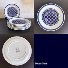 Load image into Gallery viewer, Vintage Dinner Plate in the Tangier pattern. Features a Moroccan-style geometric floral pattern in shades of purple, green, and deep blue on a light gray ground. Lambeth Stoneware. Overall excellent condition, free from chips/cracks with normal age-related wear. The exception is the Casserole with a chip to the rim and underside of one handle. Marked "Lambeth Stoneware, Royal Doulton, Tangier, L.S.1005, Made in England, Dishwasher Proof, Detergent Proof, Freezer & Oven Proof, © 1973.