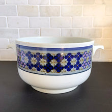 Load image into Gallery viewer, Vintage Open Casserole in the Tangier pattern. Features a Moroccan-style geometric floral pattern in shades of purple, green, and deep blue on a light gray ground. Lambeth Stoneware. Overall excellent condition, free from chips/cracks with normal age-related wear. The exception is the Casserole with a chip to the rim and underside of one handle. Marked "Lambeth Stoneware, Royal Doulton, Tangier, L.S.1005, Made in England, Dishwasher Proof, Detergent Proof, Freezer & Oven Proof, © 1973.