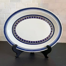 Load image into Gallery viewer, Vintage Oval Serving Platter in the Tangier pattern. Features a Moroccan-style geometric floral pattern in shades of purple, green, and deep blue on a light gray ground. Lambeth Stoneware. Overall excellent condition, free from chips/cracks with normal age-related wear. The exception is the Casserole with a chip to the rim and underside of one handle. Marked "Lambeth Stoneware, Royal Doulton, Tangier, L.S.1005, Made in England, Dishwasher Proof, Detergent Proof, Freezer & Oven Proof, © 1973.