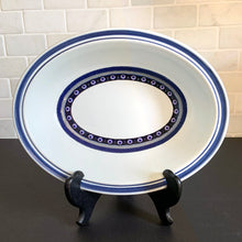 Load image into Gallery viewer, Vintage Oval Vegetable Serving Bowl Dish in the Tangier pattern. Features a Moroccan-style geometric floral pattern in shades of purple, green, and deep blue on a light gray ground. Lambeth Stoneware. Overall excellent condition, free from chips/cracks with normal age-related wear. The exception is the Casserole with a chip to the rim and underside of one handle. Marked "Lambeth Stoneware, Royal Doulton, Tangier, L.S.1005, Made in England, Dishwasher Proof, Detergent Proof, Freezer & Oven Proof, © 1973.