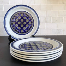 Load image into Gallery viewer, Vintage Salad Plate in the Tangier pattern. Features a Moroccan-style geometric floral pattern in shades of purple, green, and deep blue on a light gray ground. Lambeth Stoneware. Overall excellent condition, free from chips/cracks with normal age-related wear. The exception is the Casserole with a chip to the rim and underside of one handle. Marked "Lambeth Stoneware, Royal Doulton, Tangier, L.S.1005, Made in England, Dishwasher Proof, Detergent Proof, Freezer & Oven Proof, © 1973.