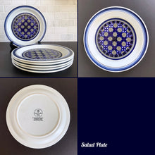 Load image into Gallery viewer, Vintage Salad Plate in the Tangier pattern. Features a Moroccan-style geometric floral pattern in shades of purple, green, and deep blue on a light gray ground. Lambeth Stoneware. Overall excellent condition, free from chips/cracks with normal age-related wear. The exception is the Casserole with a chip to the rim and underside of one handle. Marked "Lambeth Stoneware, Royal Doulton, Tangier, L.S.1005, Made in England, Dishwasher Proof, Detergent Proof, Freezer & Oven Proof, © 1973.
