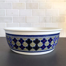 Load image into Gallery viewer, Vintage Salad Serving Bowl in the Tangier pattern. Features a Moroccan-style geometric floral pattern in shades of purple, green, and deep blue on a light gray ground. Lambeth Stoneware. Overall excellent condition, free from chips/cracks with normal age-related wear. The exception is the Casserole with a chip to the rim and underside of one handle. Marked "Lambeth Stoneware, Royal Doulton, Tangier, L.S.1005, Made in England, Dishwasher Proof, Detergent Proof, Freezer & Oven Proof, © 1973.
