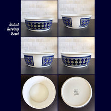 Load image into Gallery viewer, Vintage Salad Serving Bowl in the Tangier pattern. Features a Moroccan-style geometric floral pattern in shades of purple, green, and deep blue on a light gray ground. Lambeth Stoneware. Overall excellent condition, free from chips/cracks with normal age-related wear. The exception is the Casserole with a chip to the rim and underside of one handle. Marked "Lambeth Stoneware, Royal Doulton, Tangier, L.S.1005, Made in England, Dishwasher Proof, Detergent Proof, Freezer & Oven Proof, © 1973.