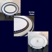 Load image into Gallery viewer, Vintage Oval Serving Platter in the Tangier pattern. Features a Moroccan-style geometric floral pattern in shades of purple, green, and deep blue on a light gray ground. Lambeth Stoneware. Overall excellent condition, free from chips/cracks with normal age-related wear. The exception is the Casserole with a chip to the rim and underside of one handle. Marked "Lambeth Stoneware, Royal Doulton, Tangier, L.S.1005, Made in England, Dishwasher Proof, Detergent Proof, Freezer & Oven Proof, © 1973.