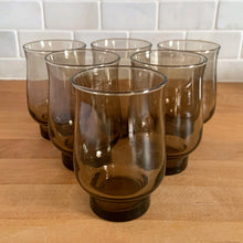 Load image into Gallery viewer, Set of 6 vintage tawny brown Tulip stackable tumblers by Dominion Glass, Canada, 1970s — angled front view