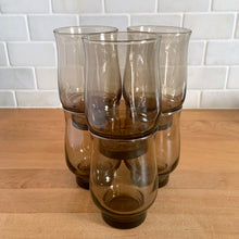 Load image into Gallery viewer, Six vintage tawny brown Tulip tumblers by Dominion Glass stacked in two columns of three, front view, showing the tulip silhouette and stackable design