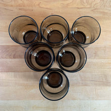 Load image into Gallery viewer, Overhead view of 6 vintage Dominion Glass Tulip tumblers arranged in a triangle, showing the open rims and tawny brown interior, Canada, 1970s