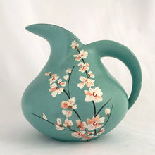 Load image into Gallery viewer, Vintage art deco style teal pitcher vase, hand painted with branches and pink flower blossoms, glazed black on the interior. Produced by Brentleigh Ware, England, circa 1930s. This small pitcher has big style with strong lines! In great vintage condition, free from chips/cracks/repairs, very minor glaze loss on the rim and handle. Marked "Brentleigh Ware, England 75 Samara". Measures 4 1/2 x 5 inches