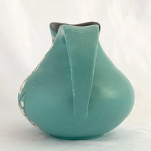 Load image into Gallery viewer, Vintage art deco style teal pitcher vase, hand painted with branches and pink flower blossoms, glazed black on the interior. Produced by Brentleigh Ware, England, circa 1930s. This small pitcher has big style with strong lines! In great vintage condition, free from chips/cracks/repairs, very minor glaze loss on the rim and handle. Marked "Brentleigh Ware, England 75 Samara". Measures 4 1/2 x 5 inches
