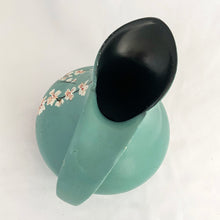 Load image into Gallery viewer, Vintage art deco style teal pitcher vase, hand painted with branches and pink flower blossoms, glazed black on the interior. Produced by Brentleigh Ware, England, circa 1930s. This small pitcher has big style with strong lines! In great vintage condition, free from chips/cracks/repairs, very minor glaze loss on the rim and handle. Marked "Brentleigh Ware, England 75 Samara". Measures 4 1/2 x 5 inches