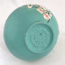 Load image into Gallery viewer, Vintage art deco style teal pitcher vase, hand painted with branches and pink flower blossoms, glazed black on the interior. Produced by Brentleigh Ware, England, circa 1930s. This small pitcher has big style with strong lines! In great vintage condition, free from chips/cracks/repairs, very minor glaze loss on the rim and handle. Marked "Brentleigh Ware, England 75 Samara". Measures 4 1/2 x 5 inches