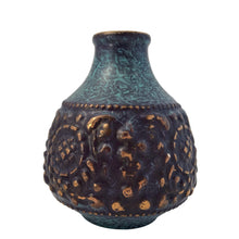 Load image into Gallery viewer, Vintage MCM handled ewer in deep teal, black and the embossed floral pattern in highlighted with gold, on shape 1633-15. Crafted by Jasba, West Germany, 1960s. A wonderful piece of mid-century era art pottery to enhance your home's decor.
In good vintage condition. Minor chip on the floral embossing, no cracks.
Measures 4 1/2 x 6 inches