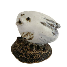 Load image into Gallery viewer, Three-quarter front view of Tessa Kidick studio pottery bird sculpture in white and grey matte glaze with textured dark base, Canada 1970s