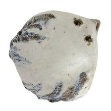 Load image into Gallery viewer, Overhead view of Tessa Kidick studio pottery bird sculpture body showing white matte glaze with grey-blue brushwork and dark speckled surface texture, Canada 1970s