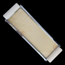 Load image into Gallery viewer, Vintage Art Deco 3-part relish tray featuring ribbed and curled bakelite handles and round feet, removable square cut glass inserts, with chrome-plated spoons and knife. Crafted by Zimco, England, 1950s. The epitome of elegance in entertaining for table or bar.
In excellent vintage condition no chips. There is discolouration on the paper under the glass in the tray, but it can easily be replaced.
Measures 14 x 4 3/4 x 1 3/4 inches, each glass insert measures 3 7/8 x 3 7/8 x 1 inches