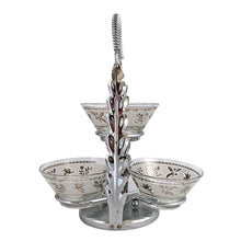 Load image into Gallery viewer, A super cool piece of mid-century history in this Hollywood regency style 3-tier chrome relish or snack caddy featuring a leaf medallion and spring handle, with three glass bowls with a pattern of silver birds and botanicals on a frosted band and silver ric rac detail below the rim. Crafted by the Libbey Glass Company, USA, circa 1960s. Wow your guests with this fabulous and practical serving piece for condiments, bar snacks or sundae toppings!