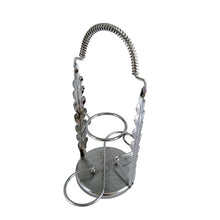 Load image into Gallery viewer, A super cool piece of mid-century history in this Hollywood regency style 3-tier chrome relish or snack caddy featuring a leaf medallion and spring handle, with three glass bowls with a pattern of silver birds and botanicals on a frosted band and silver ric rac detail below the rim. Crafted by the Libbey Glass Company, USA, circa 1960s. Wow your guests with this fabulous and practical serving piece for condiments, bar snacks or sundae toppings!