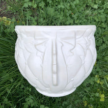 Load image into Gallery viewer, A large vintage "Tierra Cushion" jardiniere or planter pot, glazed in matte white featuring three dimensional flowers and leaves atop a diamond quilted body with ribbon handles. This beauty was produced by McCoy Pottery USA, 1950s. An excellent addition to any art pottery collection!