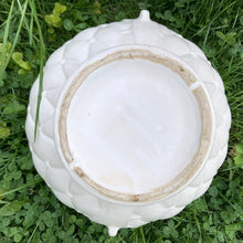 Load image into Gallery viewer, A large vintage "Tierra Cushion" jardiniere or planter pot, glazed in matte white featuring three dimensional flowers and leaves atop a diamond quilted body with ribbon handles. This beauty was produced by McCoy Pottery USA, 1950s. An excellent addition to any art pottery collection!