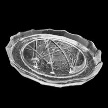 Load image into Gallery viewer, Vintage Tree Branches clear pressed art glass serving plate featuring tree branches on a textured surface reminiscent of the rings in a tree trunk and the free flowing folded rim represent the bark of the tree. Crafted by Kosta Boda, Sweden, 1970s. Perfect for serving small bites, or display on a stand as art.
In excellent condition, no chips.
Measures 8 inches
