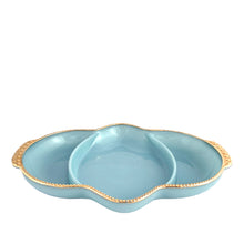 Load image into Gallery viewer, Vintage Fire-King "Turquoise Blue" three part relish dish with a beaded rim finished in gold. Crafted by Anchor Hocking, USA, 1956 - 1958. This beautiful serving dish will elevate any table! In excellent condition, no chips/wear. Appears unused. Measures 11 x 7 5/8 x 1 1/4 inches