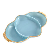 Load image into Gallery viewer, Vintage Fire-King "Turquoise Blue" three part relish dish with a beaded rim finished in gold. Crafted by Anchor Hocking, USA, 1956 - 1958. This beautiful serving dish will elevate any table! In excellent condition, no chips/wear. Appears unused. Measures 11 x 7 5/8 x 1 1/4 inches