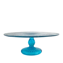 Load image into Gallery viewer, Side profile of vintage 1960s Polish turquoise blue glass cake stand showing sculpted pedestal stem