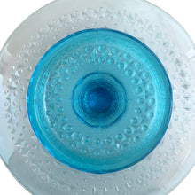 Load image into Gallery viewer, Vintage turquoise blue pressed glass cake stand by HSG Ząbkowice, Diamonds and Buttons pattern, 1960s Poland — base view