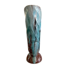 Load image into Gallery viewer, Close-up of the turquoise over brown drip glaze detail on the ceramic surface.