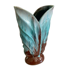 Load image into Gallery viewer, Front view of a tall vintage Blue Mountain Pottery split leaf vase with turquoise drip glaze.