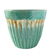 Load image into Gallery viewer, Close-up of turquoise drip glaze and chevron rim on Robinson Ransbottom jardiniere, 1960s