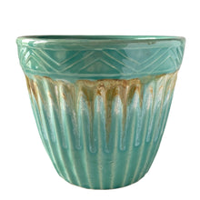 Load image into Gallery viewer, Vintage Robinson Ransbottom stoneware planter – rear view highlighting glaze variation and chevron band