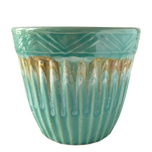 Load image into Gallery viewer, Robinson Ransbottom jardiniere planter – side profile showing ribbed body and turquoise drip glaze