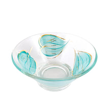 Load image into Gallery viewer, Super funky vintage clear glass dip bowl featuring a hand painted turquoise and gold gilt leaf motif. Crafted by Anchor Hocking, USA, 1960s. Perfect for your next party, movie night, game night or get-together. The glass is in excellent over condition, no chips, minor wear Measures 5 1/8 x 2 1/2 inches