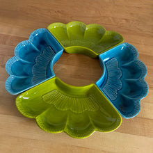 Load image into Gallery viewer, Vintage mid-century set of turquoise and blue lazy susan outer curved dishes. Works beautifully with your favourite centre bowl, or use as a stand-alone serving dishes for nuts, candies or your favourite snacks. Crafted by California Pottery, USA, circa 1950s. Shape L69. Add some Tiki style to your gathering! In good vintage condition. One section has a small chip, see photo.