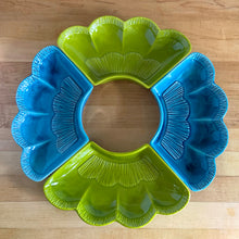 Load image into Gallery viewer, Vintage mid-century set of turquoise and blue lazy susan outer curved dishes. Works beautifully with your favourite centre bowl, or use as a stand-alone serving dishes for nuts, candies or your favourite snacks. Crafted by California Pottery, USA, circa 1950s. Shape L69. Add some Tiki style to your gathering! In good vintage condition. One section has a small chip, see photo.
