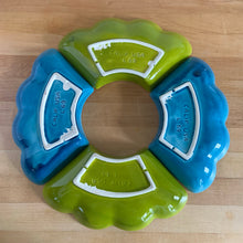 Load image into Gallery viewer, Vintage mid-century set of turquoise and blue lazy susan outer curved dishes. Works beautifully with your favourite centre bowl, or use as a stand-alone serving dishes for nuts, candies or your favourite snacks. Crafted by California Pottery, USA, circa 1950s. Shape L69. Add some Tiki style to your gathering! In good vintage condition. One section has a small chip, see photo.