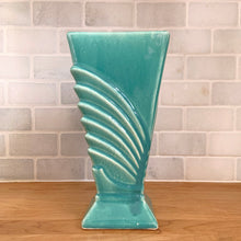 Load image into Gallery viewer, Opposite side4 view of the turquoise vase showing the fan motif and the tapered square silhouette