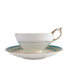 Load image into Gallery viewer, This highly sought after vintage Bone China teacup and saucer with scalloped rim features a hand painted turquoise and pale yellow banded interior on a white ground, lavishly decorated with gold gilt filigree, complemented by colourful floral bouquets in the bottom of the cup and centre of the saucer. Crafted by Aynsley, England. Backstamp indicates production between 1934 - 1950s. A stunning addition to your teacup collection!