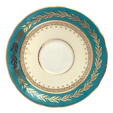 Load image into Gallery viewer, This highly sought after vintage Bone China teacup and saucer with scalloped rim features a hand painted turquoise and pale yellow banded interior on a white ground, lavishly decorated with gold gilt filigree, complemented by colourful floral bouquets in the bottom of the cup and centre of the saucer. Crafted by Aynsley, England. Backstamp indicates production between 1934 - 1950s. A stunning addition to your teacup collection!