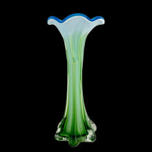 Load image into Gallery viewer, Opposite side view showing organic ribbed texture spiraling up blue cased glass vase