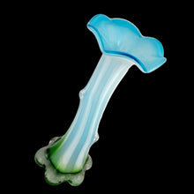 Load image into Gallery viewer, Close-up of blue gradient cased glass showing luminous color layers encased in clear glass on Twisted Tree Trunk vase