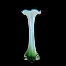 Load image into Gallery viewer, Side view of Twisted Tree Trunk cased glass vase displaying blue, white and green color gradient in clear casing