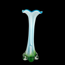 Load image into Gallery viewer, Opposite side view of Twisted Tree Trunk cased glass vase displaying blue, white and green color gradient in clear casing
