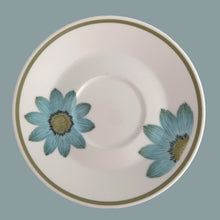 Load image into Gallery viewer, Vintage Progression Up-Sa Daisy high quality stoneware teacup and saucer features an aque blue daisy with moss green and black centres and moss green band at the rim. Crafted by Noritake, Japan, 1966 - 1979. This darling flower pot shaped teacup and saucer will add tons of vintage charm to your table! In excellent condition and appear unused. Free from chips/cracks/repairs. Colours are vibrant. Teacup measures 3 3/8 x 3 inches Saucer measures 6 inches Capacity 8 ounces